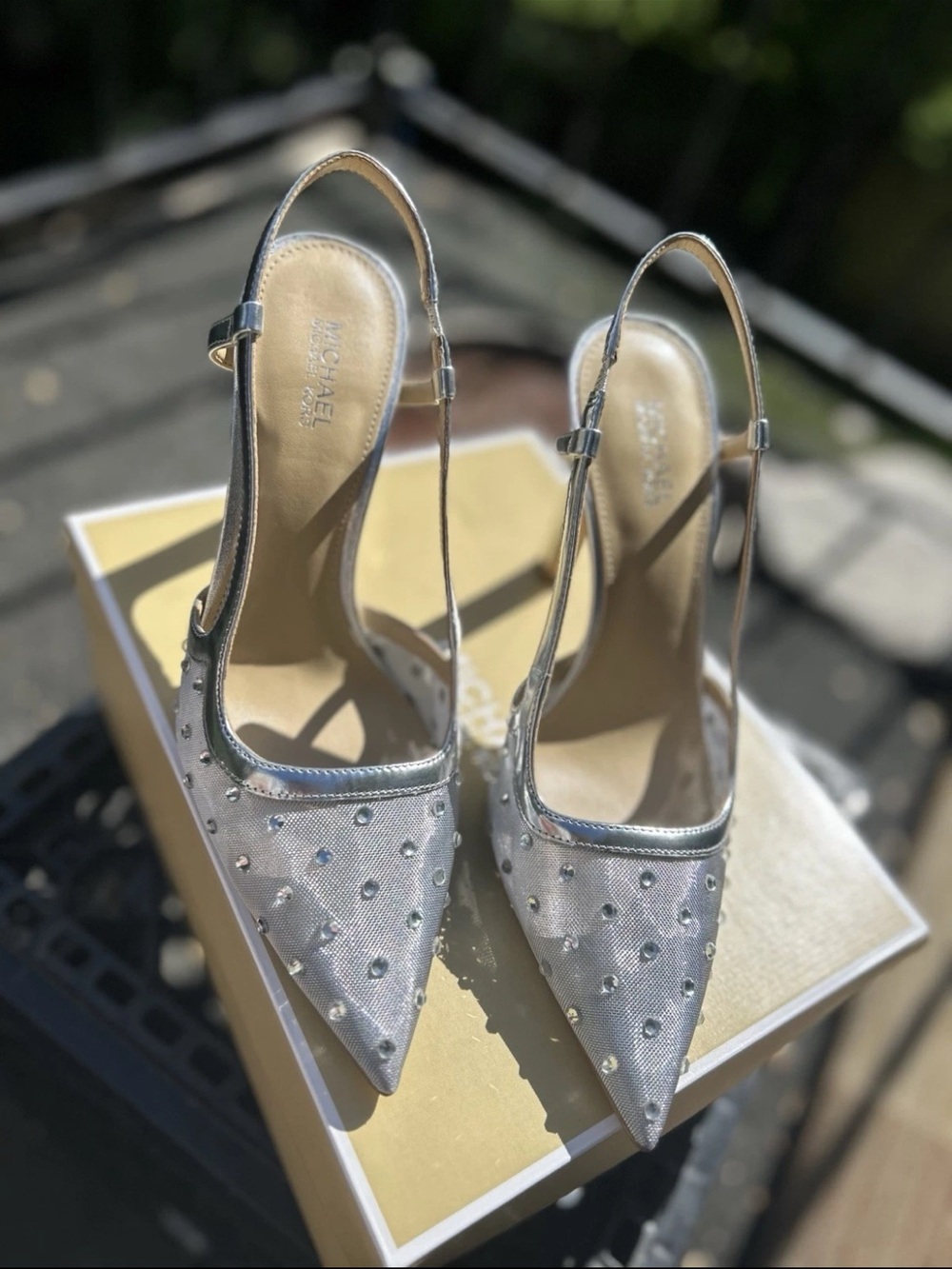Michael Kors Silver Crystal-Stud Pointed Slingback Heels